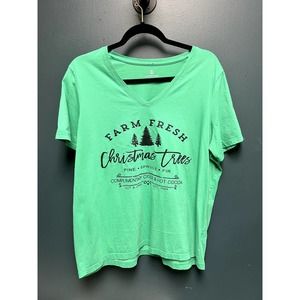 Upcycled Green V Neck Christmas Tree Farm Tee Large
